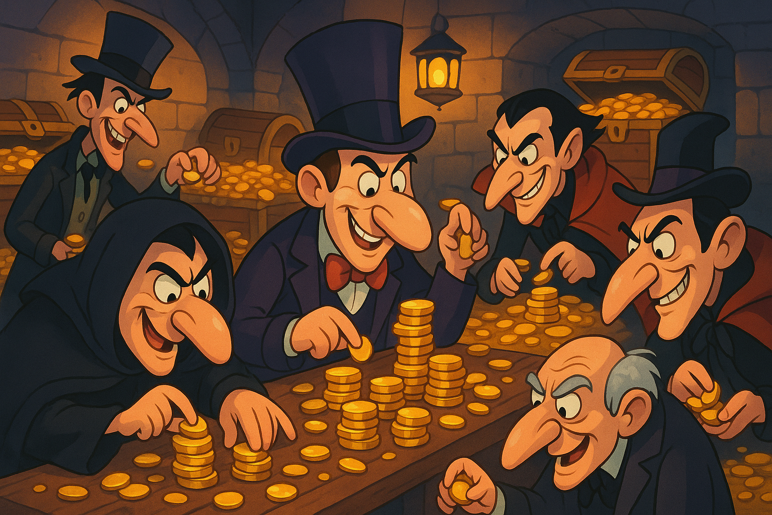 room full of cartoon villains with big noses counting gold coins